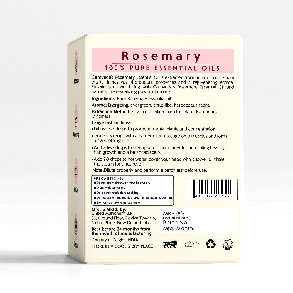 Camveda Pure Rosemary Essential Oil 15ml | 100% Natural | Helps in Aromatherapy & Meditation | For Hair Care & Skin Care
